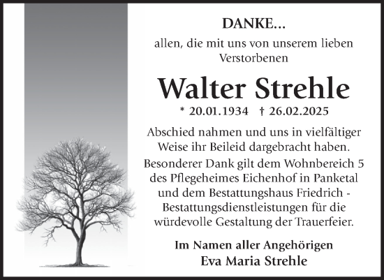 Traueranzeige von Walter Strehle von Märkische Oderzeitung