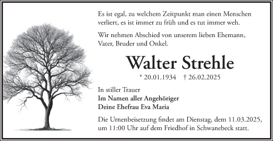 Traueranzeige von Walter Strehle von Märkische Oderzeitung