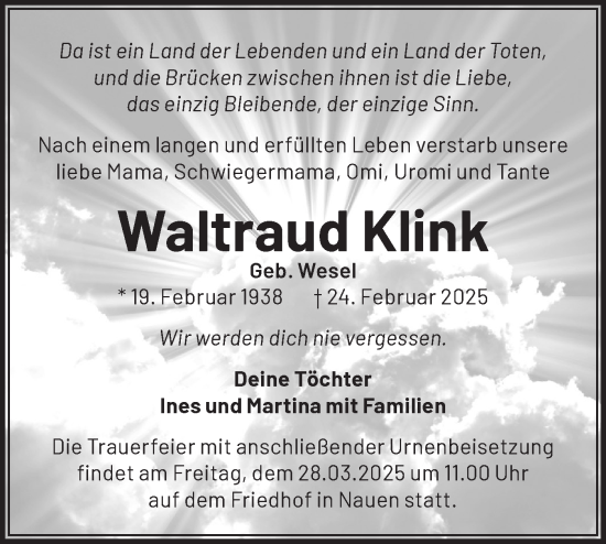 Traueranzeige von Waltraud Klink von Märkische Oderzeitung