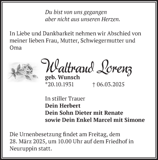 Traueranzeige von Waltraud Lorenz von Märkische Oderzeitung