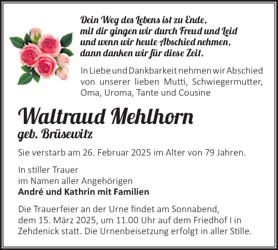 Traueranzeige von Waltraud Mehlhorn von Märkische Oderzeitung