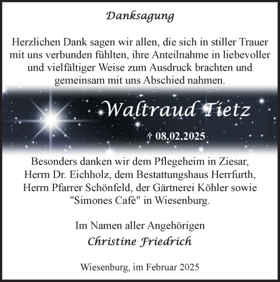 Traueranzeige von Waltraud Tietz von Märkische Oderzeitung