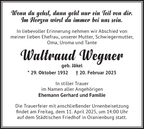 Traueranzeige von Waltraud Wegner von Märkische Oderzeitung