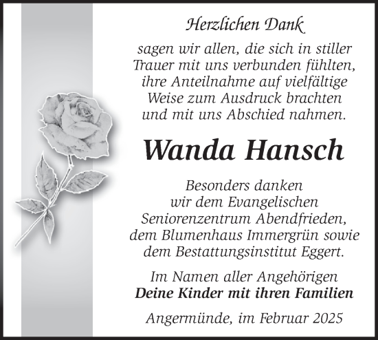 Traueranzeige von Wanda Hansch von Märkische Oderzeitung