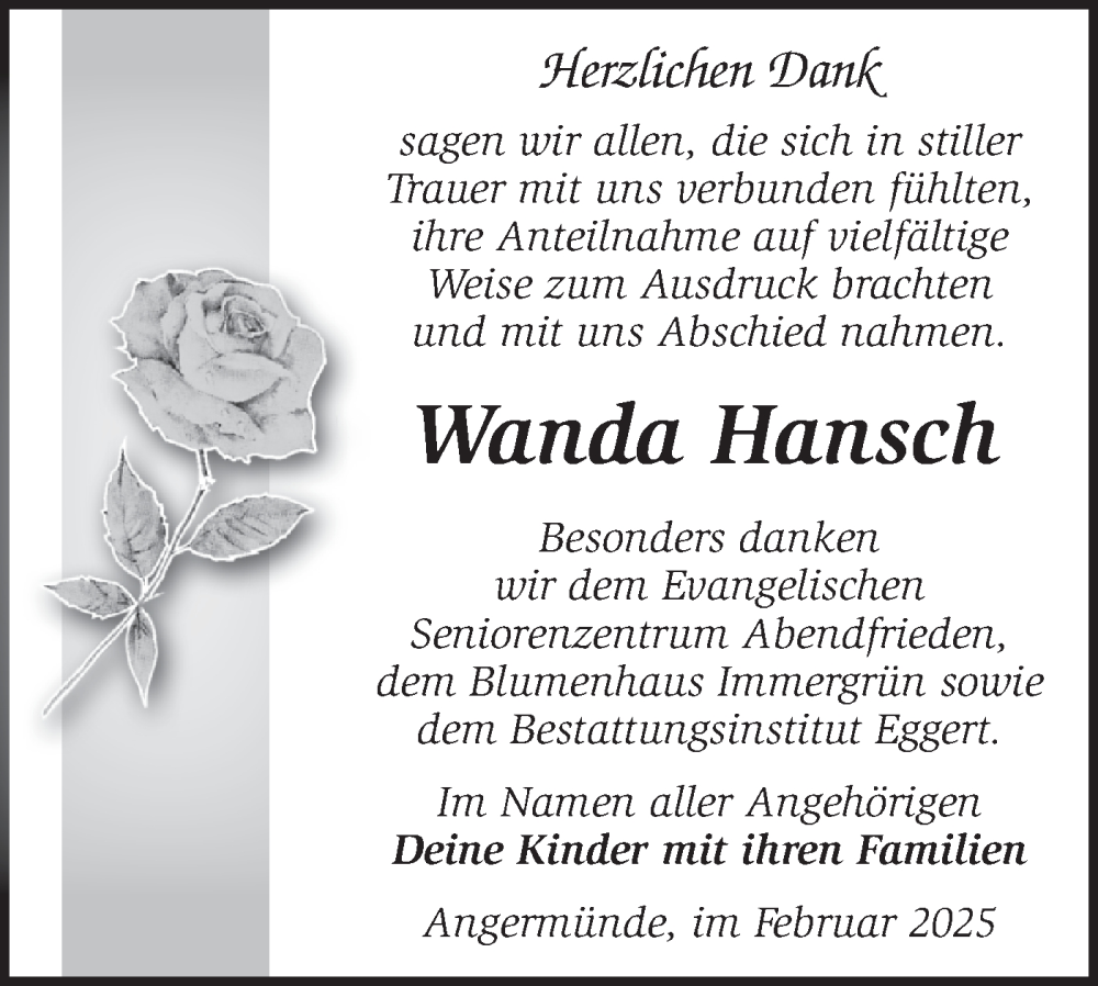 Traueranzeige für Wanda Hansch vom 15.03.2025 aus Märkische Oderzeitung