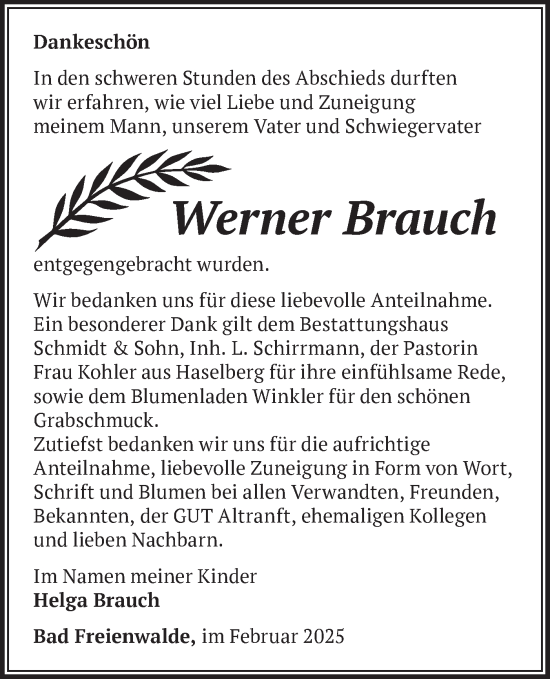 Traueranzeige von Werner Brauch von Märkische Oderzeitung