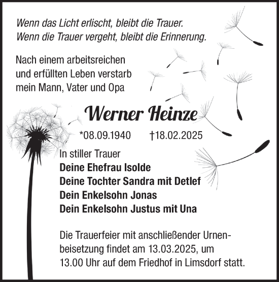 Traueranzeige von Werner Heinze von Märkische Oderzeitung