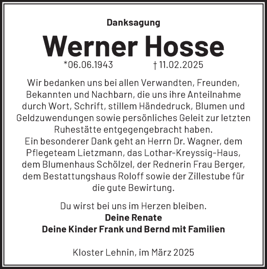 Traueranzeige von Werner Hosse von Märkische Oderzeitung
