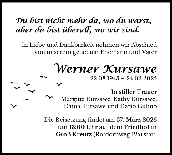 Traueranzeige von Werner Kursawe von Märkische Oderzeitung