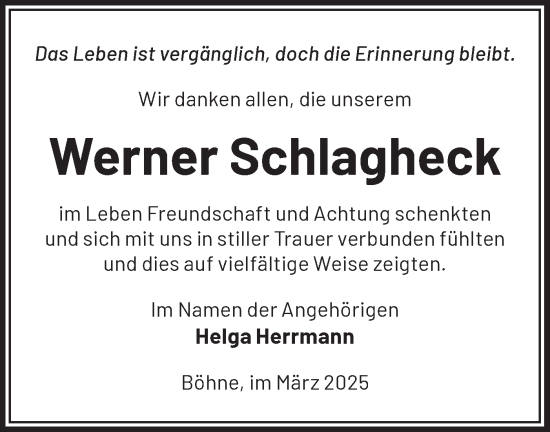 Traueranzeige von Werner Schlagheck von Märkische Oderzeitung