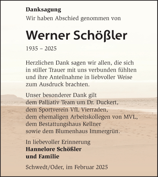 Traueranzeige von Werner Schößler von Märkische Oderzeitung