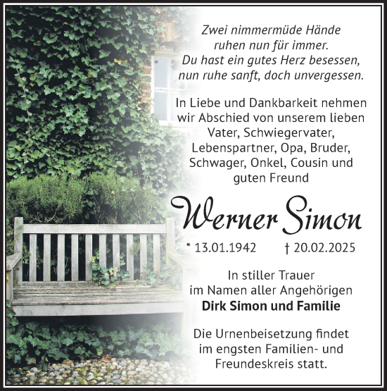 Traueranzeige von Werner Simon von Märkische Oderzeitung