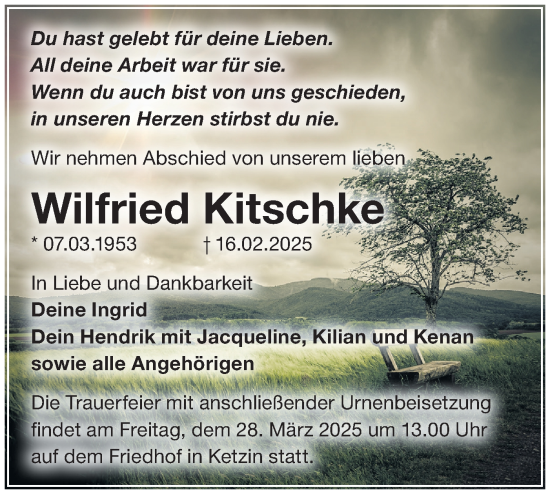 Traueranzeige von Wilfried Kitschke von Märkische Oderzeitung