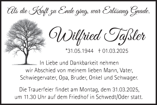 Traueranzeige von Wilfried Taßler von Märkische Oderzeitung