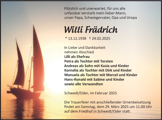 Traueranzeige von Willi Frädrich von Märkische Oderzeitung