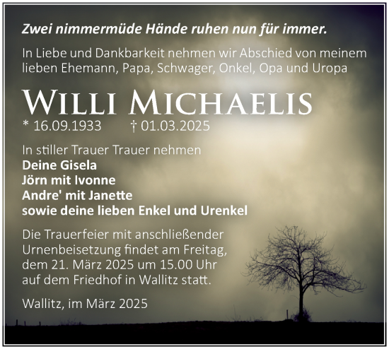 Traueranzeige von Willi Michaelis von Märkische Oderzeitung