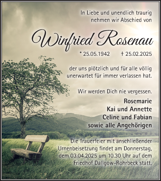 Traueranzeige von Winfried Rosenau von Märkische Oderzeitung