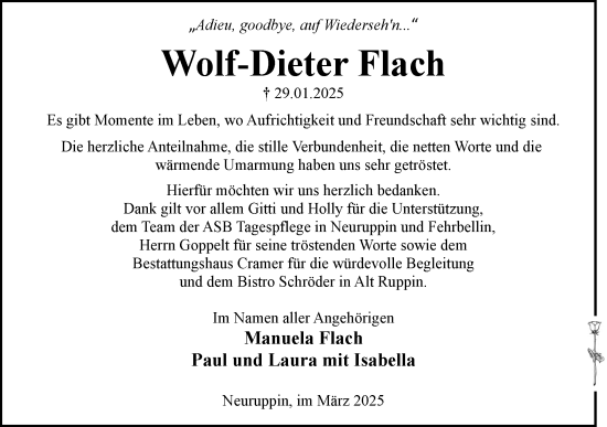 Traueranzeige von Wolf-Dieter Flach von Märkische Oderzeitung