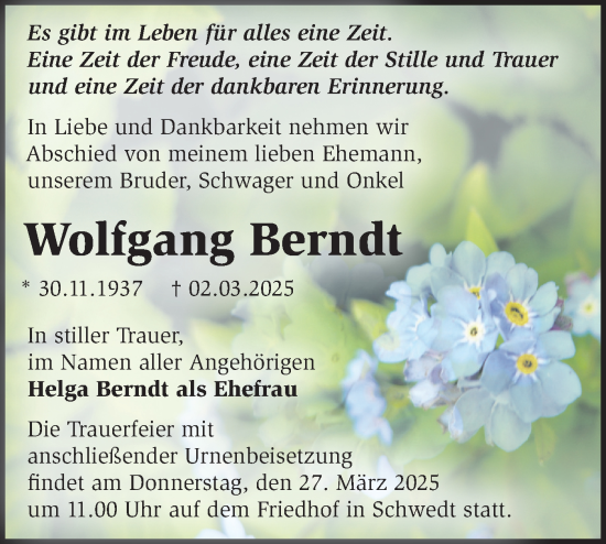 Traueranzeige von Wolfgang Berndt von Märkische Oderzeitung