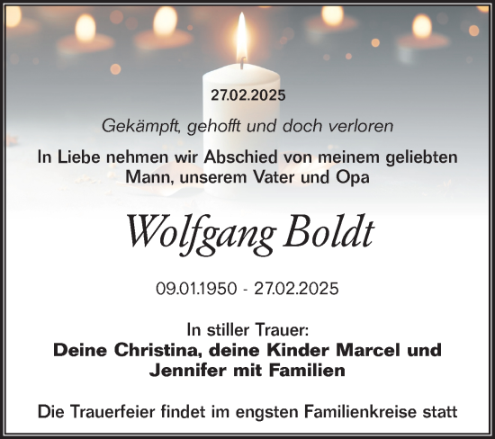 Traueranzeige von Wolfgang Boldt von Märkische Oderzeitung