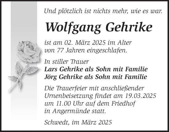 Traueranzeige von Wolfgang Gehrike von Märkische Oderzeitung