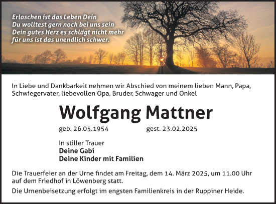 Traueranzeige von Wolfgang Mattner von Märkische Oderzeitung