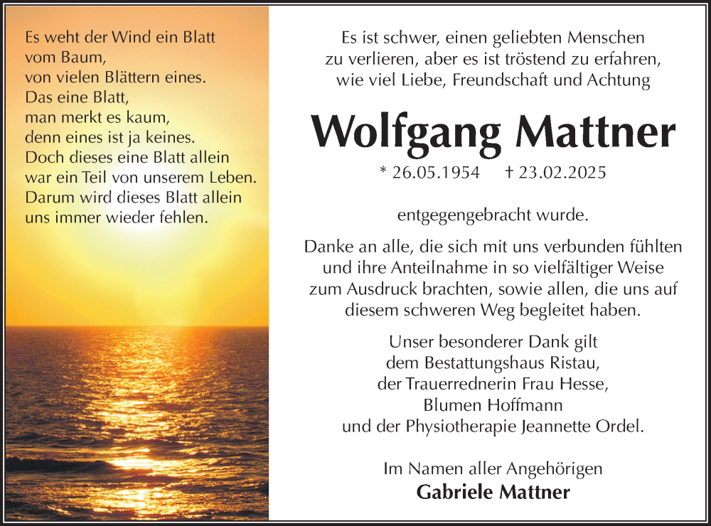  Traueranzeige für Wolfgang Mattner vom 29.03.2025 aus Märkische Oderzeitung