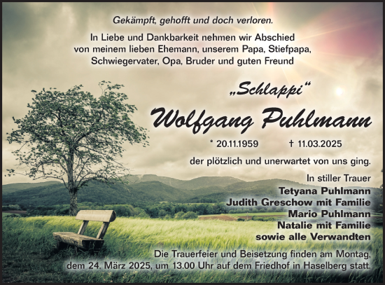 Traueranzeige von Wolfgang Puhlmann von Märkische Oderzeitung