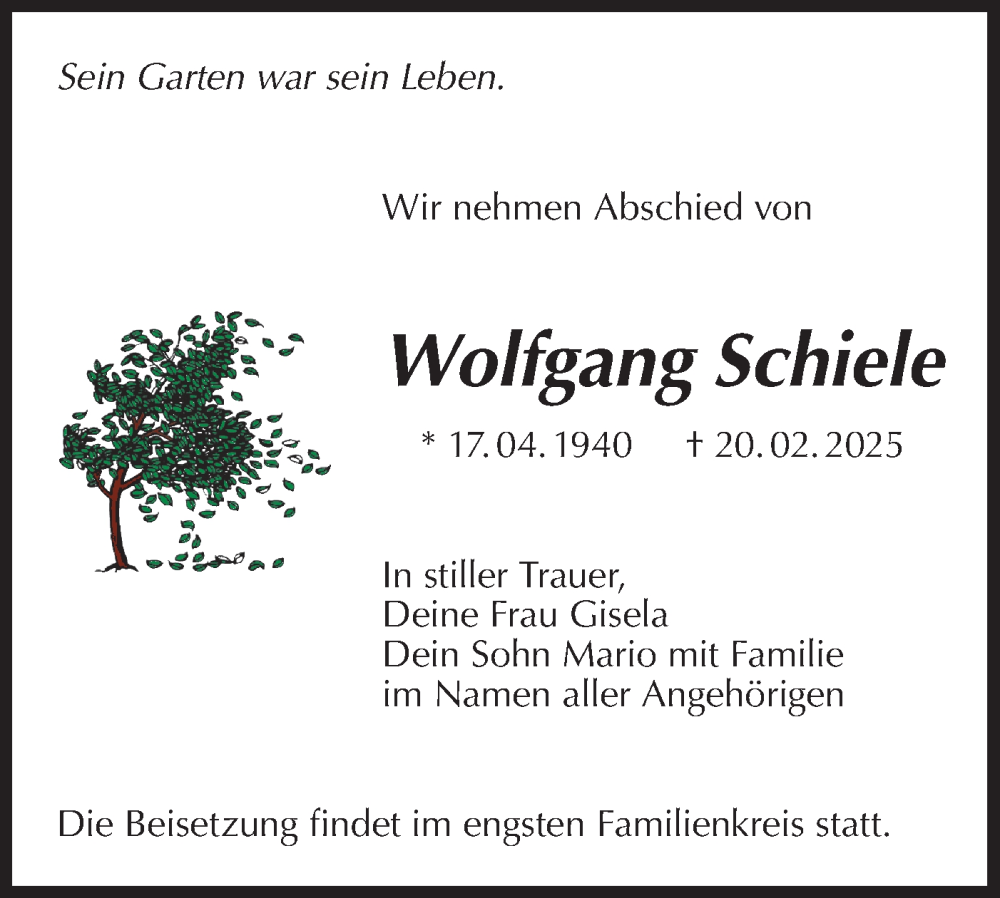  Traueranzeige für Wolfgang Schiele vom 08.03.2025 aus Märkische Oderzeitung