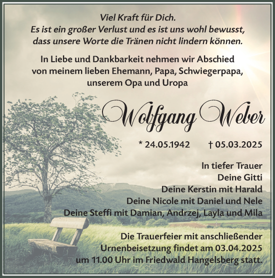 Traueranzeige von Wolfgang Weber von Märkische Oderzeitung