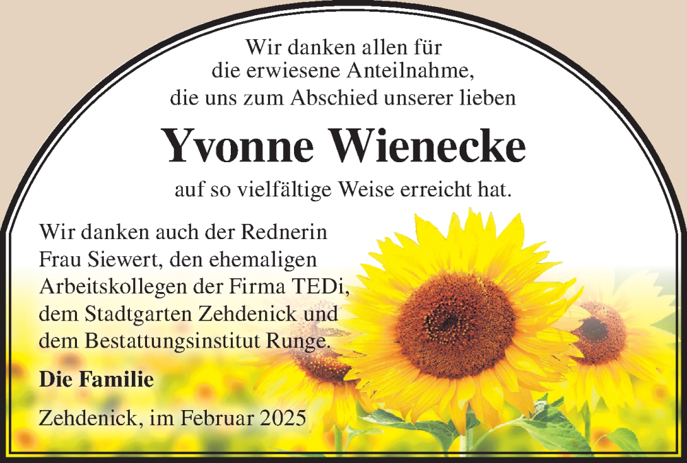  Traueranzeige für Yvonne Wienecke vom 08.03.2025 aus Märkische Oderzeitung