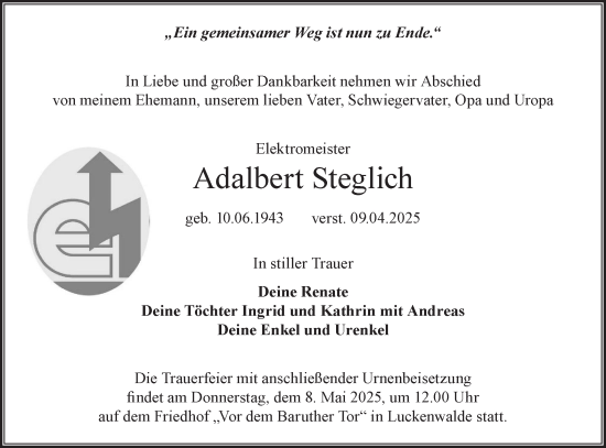 Traueranzeige von Adalbert Steglich von Märkische Oderzeitung