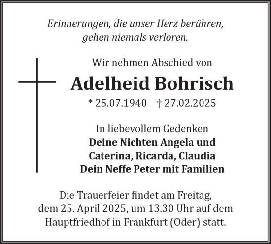 Traueranzeige von Adelheid Bohrisch von Märkische Oderzeitung