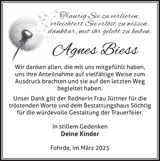 Traueranzeige von Agnes Biess von Märkische Oderzeitung