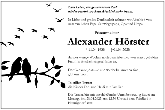 Traueranzeige von Alexander Hörster von Märkische Oderzeitung