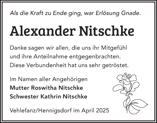 Traueranzeige von Alexander Nitschke von Märkische Oderzeitung