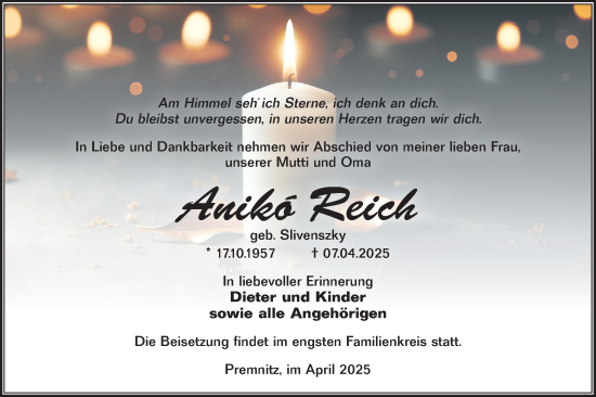 Traueranzeige von Anikó Reich von Märkische Oderzeitung