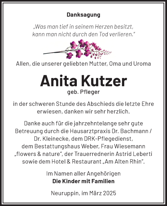 Traueranzeige von Anita Kutzer von Märkische Oderzeitung