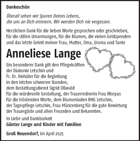 Traueranzeige von Anneliese Lange von Märkische Oderzeitung