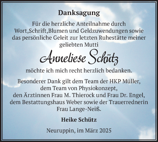 Traueranzeige von Anneliese Schütz von Märkische Oderzeitung