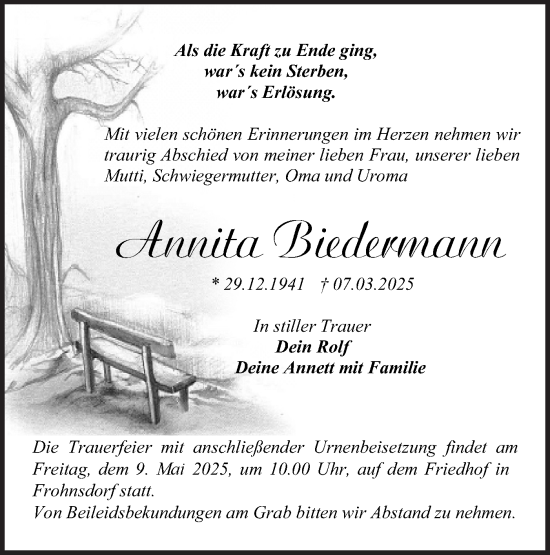 Traueranzeige von Annita Biedermann von Märkische Oderzeitung