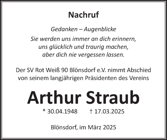 Traueranzeige von Arthur Straub von Märkische Oderzeitung