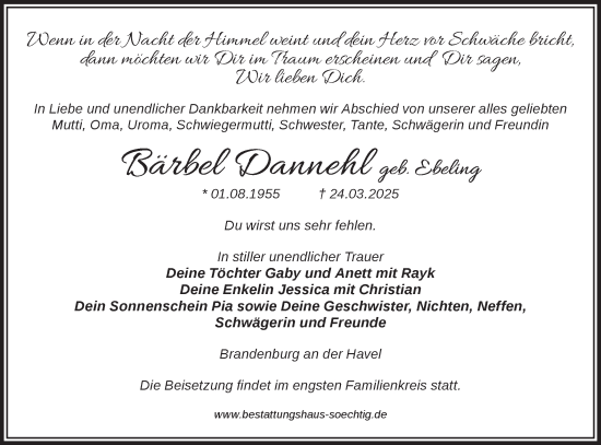 Traueranzeige von Bärbel Dannehl von Märkische Oderzeitung