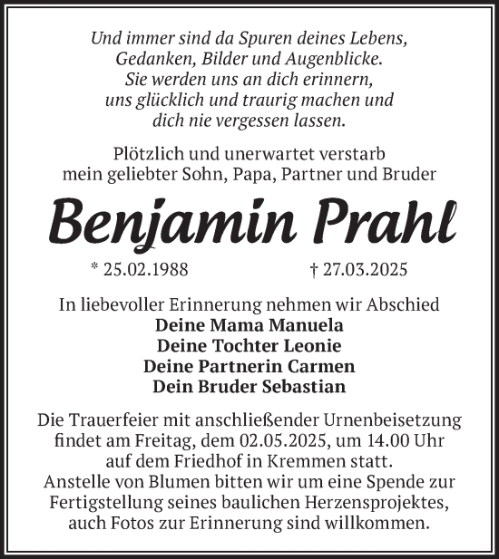 Traueranzeige von Benjamin Prahl von Märkische Oderzeitung