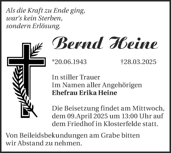 Traueranzeige von Bernd Heine von Märkische Oderzeitung