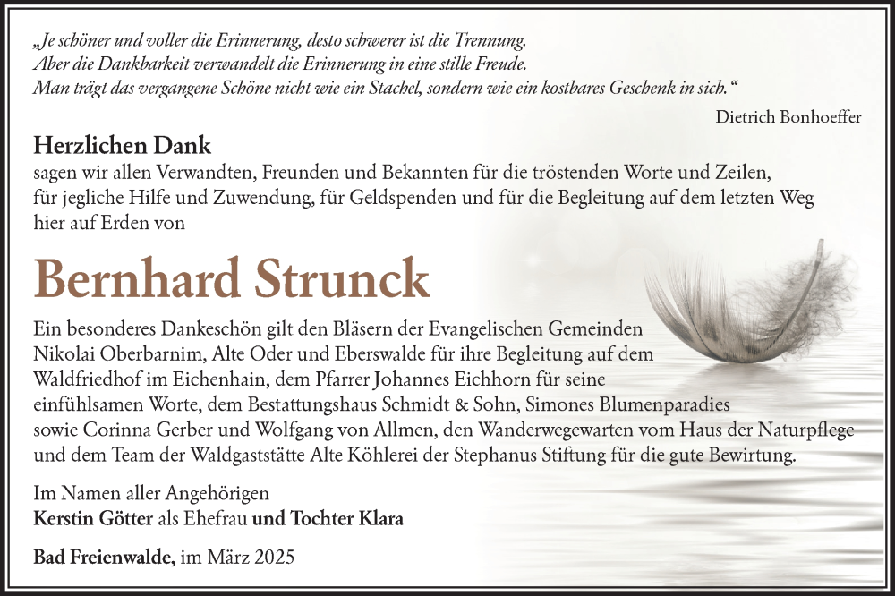  Traueranzeige für Bernhard Strunck vom 05.04.2025 aus Märkische Oderzeitung