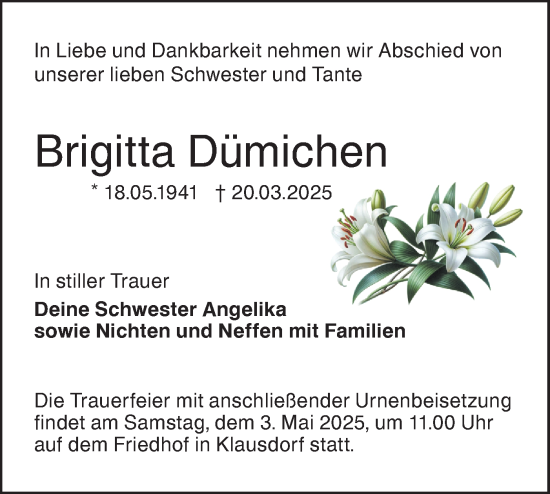 Traueranzeige von Brigitta Dümichen von Märkische Oderzeitung