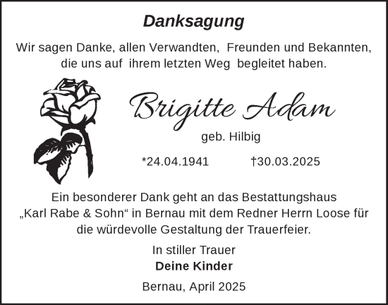 Traueranzeige von Brigitte Adam von Märkische Oderzeitung