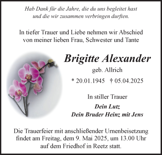 Traueranzeige von Brigitte Alexander von Märkische Oderzeitung