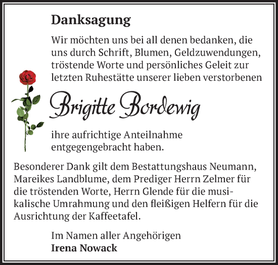Traueranzeige von Brigitte Bordewig von Märkische Oderzeitung